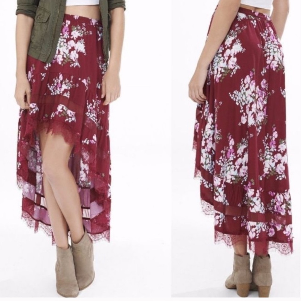Express Red Floral Boho Maxi High Low Skirt